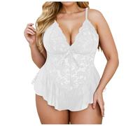 Generisch Exquisito mono de encaje para lencería sensual de talla grande con cuello en V profundo como pijama seductor, Blanco, 5XL