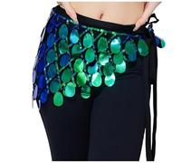 Generisch Falda cruzada de lentejuelas, corta, maxi brillo, danza del vientre, fiesta, carnaval, disfraz, flecos, cinturón, verde, Talla única