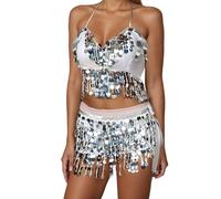 Generisch Falda de baile con flecos lentejuelas borla de dos piezas danza del vientre traje para espectáculos de escenario, Blanco, Talla única