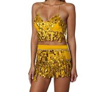 Generisch Falda de baile con flecos lentejuelas borla de dos piezas danza del vientre traje para espectáculos de escenario, dorado, Talla única