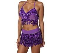 Generisch Falda de baile con flecos lentejuelas borla traje de rendimiento de dos piezas para espectáculos de escenario, morado, Talla única