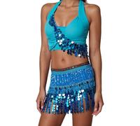 Generisch Falda de danza con flecos, para danza del vientre, con lentejuelas, borla, cadena de cintura para espectáculo de escenario, azul, Talla única