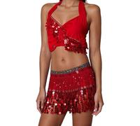 Generisch Falda de danza con flecos, para danza del vientre, con lentejuelas, borla, cadena de cintura para espectáculo de escenario, rojo, Talla única