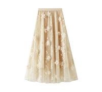Generisch Falda de mujer con bordado de malla, falda pesada de talla grande, falda literaria acampanada de cintura alta y falda larga, beige, Talla única
