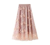Generisch Falda de mujer con bordado de malla, falda pesada de talla grande, falda literaria acampanada de cintura alta y falda larga, Rosa., Talla única