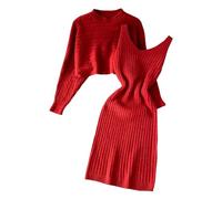 Generisch Falda de Navidad Mujeres Casual Vestido de Punto Traje de Dos Piezas Suéter Top Vestido Bodycon Conjunto de 2 Piezas Suéter Vestido Midi Vestido de Punto Conjunto Mariquita, rojo, Talla
