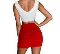 Generisch Falda vaquera 38 minifalda de cintura alta para mujer, color liso, plisada, ajustada, para fiesta, discoteca y noche, rojo, S