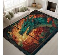 Generisch Fantasy Anime Alfombra lavable con aspecto de vidriera, medieval, suave, dragón, castillo, llamas, antideslizante, alfombra para entrada 60 x 90 cm