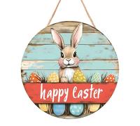 Generisch Farmhouse Bunny Wall Sign - Happy Easter Bunny Door Sign | Spring Bunny Front Door Decor | Rustic Farmhouse Welcome Decor for Front Door, Porch And Yard - Festive Wooden Rabbit Wall Hanging