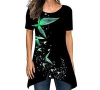 Generisch Frauen Casual Blumendruck Splice Kurzarm T-Shirt Träger V-Ausschnitt Bluse Lose Top (Green, L)