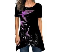 Generisch Frauen Casual Blumendruck Splice Kurzarm T-Shirt Träger V-Ausschnitt Bluse Lose Top (Purple, M)