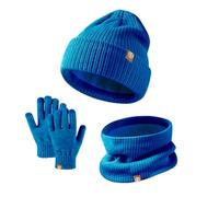 Generisch Gorro de invierno para niños, guantes y bufandas, conjunto de sombreros con pompón de punto, calentador de cuello, polaina, manoplas, juego de forro polar, azul, talla única