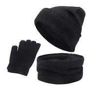 Generisch Gorro de lana cálido para invierno para mujer y hombre, guantes de tres piezas, gorro de punto de nieve, paraguas, manoplas, bufandas, conjuntos de guantes de punto para hombre, Negro