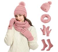 Generisch Gorro de lana con peto, calcetines, juego de 4 piezas, bufanda, gorro, azul, Rosa., talla única