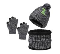 Generisch Gorro de punto de invierno con diseño de dinosaurios para bufanda, gorro térmico con orejeras, calentador de cuello y manoplas para días fríos, Negro , 2-8 años