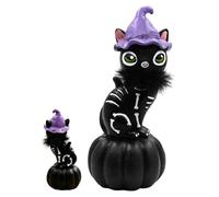 Generisch Halloween Black Cat Pumpkin Statue 11x11x25cm Resin | Witch Hat Spooky Cute Figurine for Coat Shelf | Creepy Chic Party Decor for Home Tabletop Display