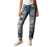 Generisch Halloween Jeans Damen Straight Leg Mid Waist Jeanshose Destroyed Look Denimhose Kür ruck Damenjeans Retro Streetwear Damenhose Sommerjeans Denim Pants, R Rosa, 3XL