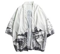 Generisch Hanfu Chaqueta Camisa Abrigo Hombre Yukata Noragi Happi Coat Tang-Traje de Deporte Marcial Seven Sleeves Abrir Front Coat Tradicional Chino Cárdigan Kung Fu Ropa Tai Chi Uniforme, Blanco, M