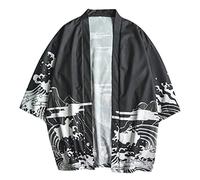 Generisch Hanfu Chaqueta Camisa Abrigo Hombre Yukata Noragi Happi Coat Tang-Traje de Deporte Marcial Seven Sleeves Abrir Front Coat Tradicional Chino Cárdigan Kung Fu Ropa Tai Chi Uniforme, Negro , S