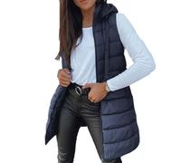 Generisch Hassignment - Chaleco largo acolchado para mujer, ligero, con cremallera, sin mangas, con capucha, azul marino, L-10XL