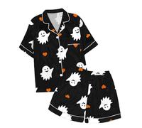 Generisch Hausanzug für Kinder mit Halloween-Print Knopfkragen, kurzärmelig, Oberteil Shorts Kinderbademantel Kuschelig (Light Purple, 4-5 Years)