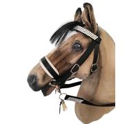 Generisch Hobby Horse Trense, negro con brillantes, acolchado blanco, herrajes de metal plateado, con riendas