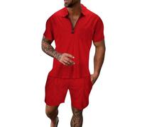 Generisch Hombre Casual Rayas Impresión Dos Piezas Cremallera Manga Corta Top Blusa Cordón Bolsa Conjunto Corto, rojo, L