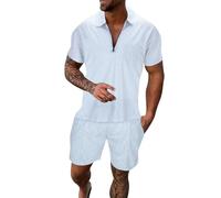 Generisch Hombre Casual Rayas Impresión Dos Piezas Cremallera Manga Corta Top Blusa Cordón Bolsa Conjunto Corto, Blanco, L