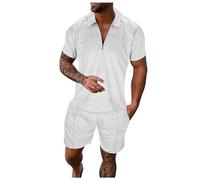 Generisch Hombre Casual Rayas Impresión Dos Piezas Cremallera Manga Corta Top Blusa Cordón Bolsa Conjunto Corto, Blanco, L
