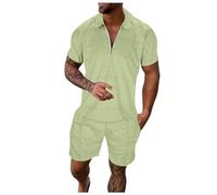 Generisch Hombre Casual Rayas Impresión Dos Piezas Cremallera Manga Corta Top Blusa Cordón Bolsa Conjunto Corto, caqui, L