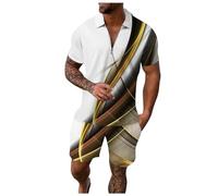 Generisch Hombre Casual Rayas Rampa Impresión Dos Piezas Cremallera Manga Corta Top Blusa Cordón Bolsa Corto Conjunto, gris oscuro, L