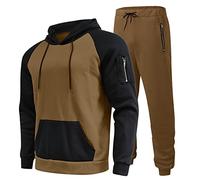 Generisch Hombre Casual Sólido Dos Piezas Bolsillo Con Cremallera Mangas raglán Sudaderas con Capucha Cordón Bolsillo Bolsillo con Cremallera Pantalones Conjunto, caqui, L