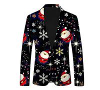 Generisch Hombres con motivo navideño copos de nieve Santa Claus estampado elegante chaqueta de traje con solapa de bolsillo tira de botones elegante moda de negocios para ocasiones festivas, marine