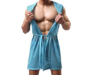 Generisch Hombres Hollow Albornoz Malla Cardigan Bufanda Transparente Top para Hombres Seducción, azul, XXL