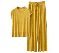 Generisch Homewear Verano 2 Piezas Trajes Lounge Sleepwear Ocio Conjuntos Elegante Traje de Pantalón Top con Cuello en V y Pantalones Anchos de Pierna, Pajamas B4-amarillo, XL