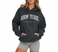 Generisch Hoodie Damen Oversize Pullover New York Hoodie mit Kapuze und Tasche Sweatshirt Teenager Mädchen Baumwolle Sportjacke Locker Langarm Tops Retro Sport Tops Streetwear, gris, M