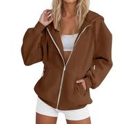 Generisch Hoodie Damen Sweatjacke mit Kapuze Baumwolljacke Damen Oversize Pullover Hoodies Einfarbig Basic Sweatshirt Einfarbig Kapuzenoberteile Zip Up Fleecepullover Loose Longsleeve, café, XL