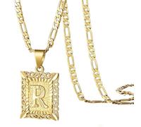 Generisch Initial Letter Pendant Necklace For Men Womens 1 Gold Plated Square Capital Monogram Alhpabets From A Z Figaro Chain Chain Desengrasante, Acero inoxidable, Sin gemas