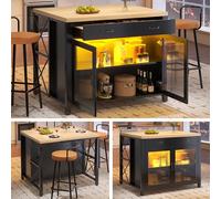 Generisch Isla de cocina con barra LED negra, mesa alta 100 x 80 x 90 cm, cocina