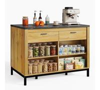Generisch Isla de cocina de estilo rústico con 2 cajones y 4 estantes, grano de roble, encimera de mármol negro, estructura de metal y zona de bar (120 x 75 x 90 cm)