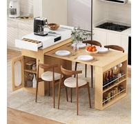Generisch Isla de cocina extensible con ruedas, 83 x 46 - 146,5 x 96 cm, mesa plegable de bar con regletas y ganchos, aparador multiusos para cocina y comedor, color natural
