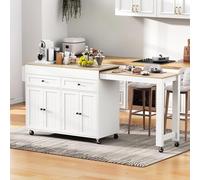Generisch Isla de cocina extensible con ruedas independiente con cajones de encimera, isla de cocina móvil para cocina, comedor, blanco + natural, 112-180,5 × 45 × 92,2 cm