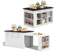 Generisch Isla de cocina multifuncional con mesa de comedor extensible (96 cm), cuerpo blanco y imitación de mármol blanco y negro, 150 x 90 x 90 cm, 3 cajones integrados + 6 compartimentos para un