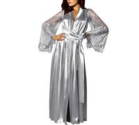 Generisch Japón Lencería Sexy Mujeres Satén Largo Camisón Seda Encaje Belleza Vestido de Noche Pijamas Sexy Túnica Lencería Sexy Encaje Azul Oscuro, gris, S