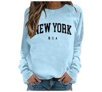 Generisch Jersey 2 en 1 para mujer, nuevo jersey de cuello redondo estampado para mujer, suéter de manga larga con capucha, camisa vaquera para mujer, azul celeste, XXL