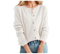 Generisch Jersey clásico cuello redondo cuello botón punto delantero abierto sudadera con capucha mujer forrada, Blanco, M