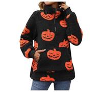 Generisch Jersey de forro polar con estampado de calabaza de Halloween y media cremallera para mujer, ropa informal acogedora para otoño, Negro , L