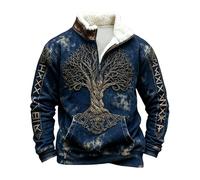 Generisch Jersey de forro polar oversized para hombre de manga larga | Sudadera con capucha de mitología nórdica con tatuajes vikingos | Sudadera estampada con cremallera 1/4 | Jersey de cuello alto