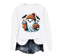 Generisch Jersey de Halloween para mujer - Divertido estampado de calabaza y fantasmas camiseta de manga larga cuello redondo sin capucha suelto casual suéter para el invierno blanco L