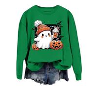 Generisch Jersey de Halloween para mujer, divertido estampado de calabaza y fantasmas, camiseta de manga larga, cuello redondo, sin capucha, suelto, informal, para invierno, verde, XL